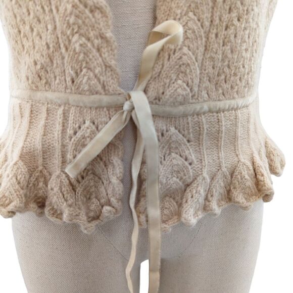 Lambs wool & angora tie front cardigan w/ velvet ribbon small #cottagecore - Picture 5 of 16